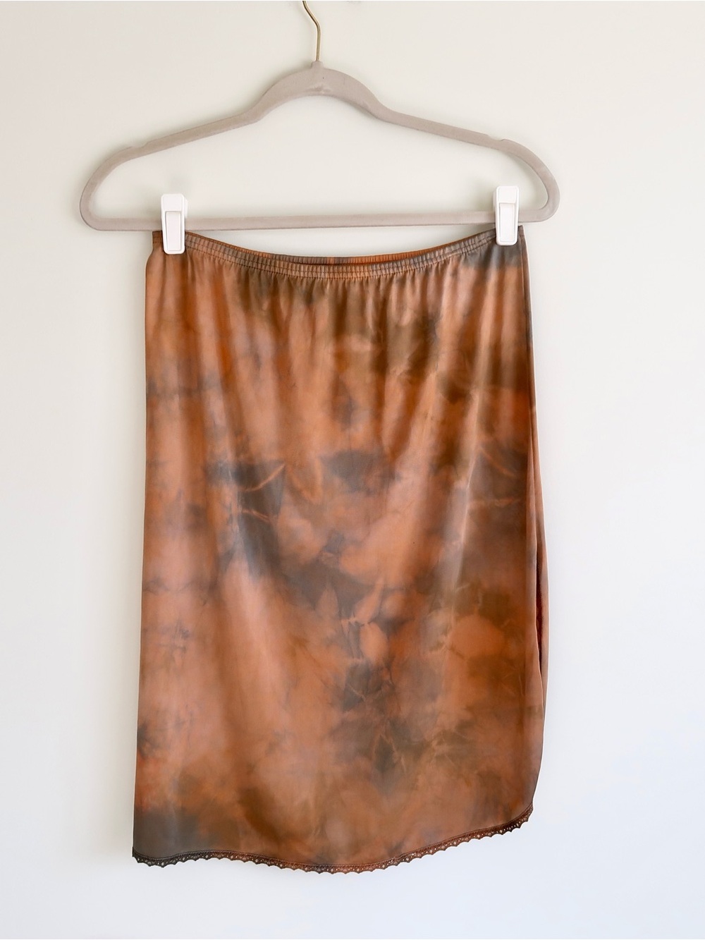Vintage Hand Dyed Slip Skirt Burnt Orange Earth Tone Tie Dye Y2K Midi Skirt